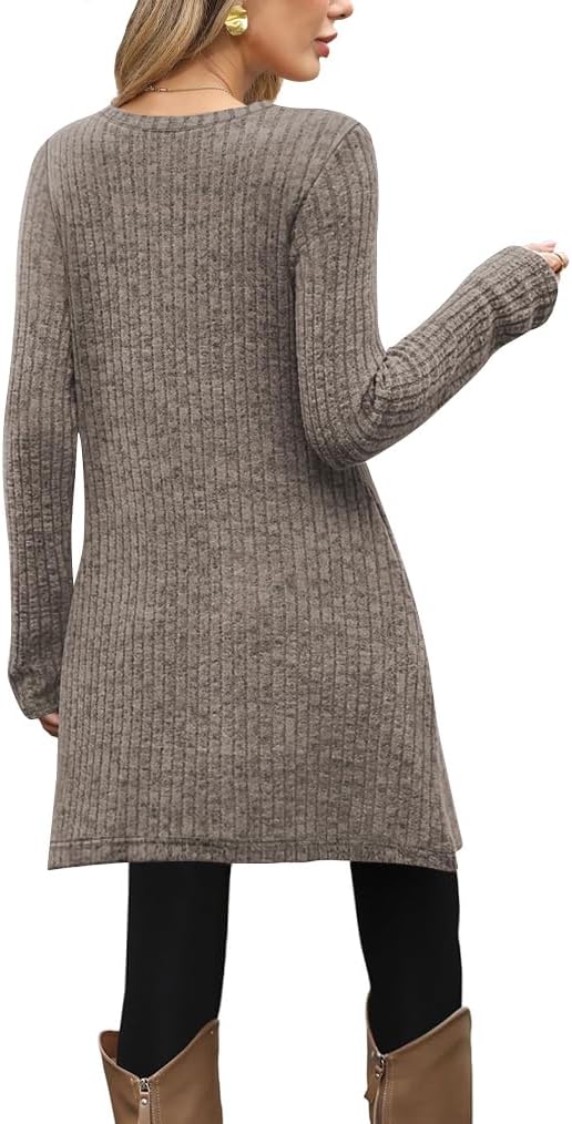Poetsky Women Long Sleeve Tunic Tops to Wear with Leggings Side Buttons Long Shirts Rib Sweater Dress with Pockets S-3XL - Image 2