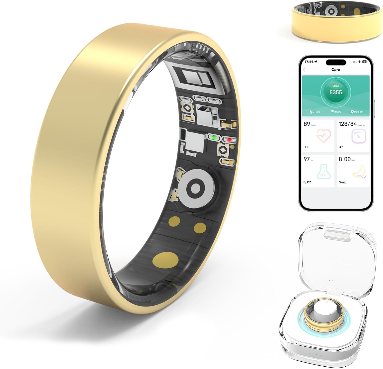Smart Rings for Women Men,Fitness Tracker Ring,Heart Rate,Blood Oxygen,Blood Pressure,Step Tracker,Sleep Ring,No Subscription Fee,IP68 Waterproof Smart Wearables for iPhone&Android(Gold 9)