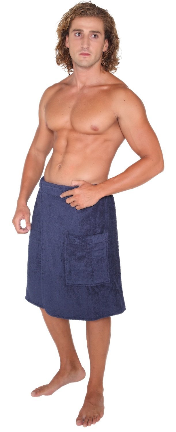 Men's Wrap GOTS Certified Organic Turkish Cotton Adjustable Closure Spa Shower and Bath Towel Navy Marine, Large-X-Large