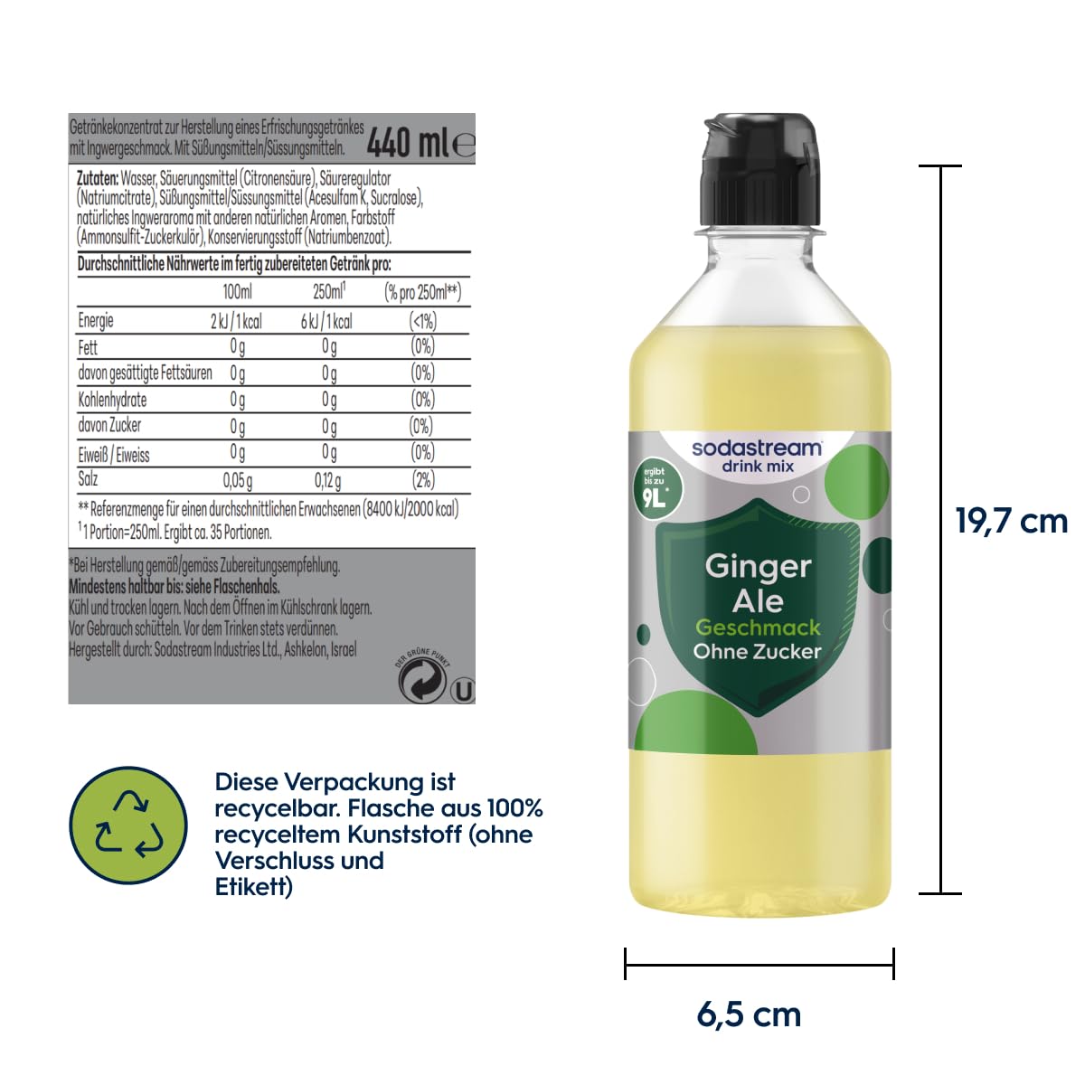 Sodastream drink mix Ginger Ale ohne Zucker – zuckerfreier Sirup für gesprudeltes & stilles Wasser, 4er Pack (4 x 440 ml), ergibt bis zu 9L Fertiggetränk