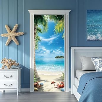 arricraft Pack of 2 Self-Adhesive Door Stickers 80 cm x 200 cm / 31.5 x 78.7 Inches Summer Beach Door Wall Pictures Sticker Cocos PVC Door Removable Wallpaper Decoration for Bedroom Living Room