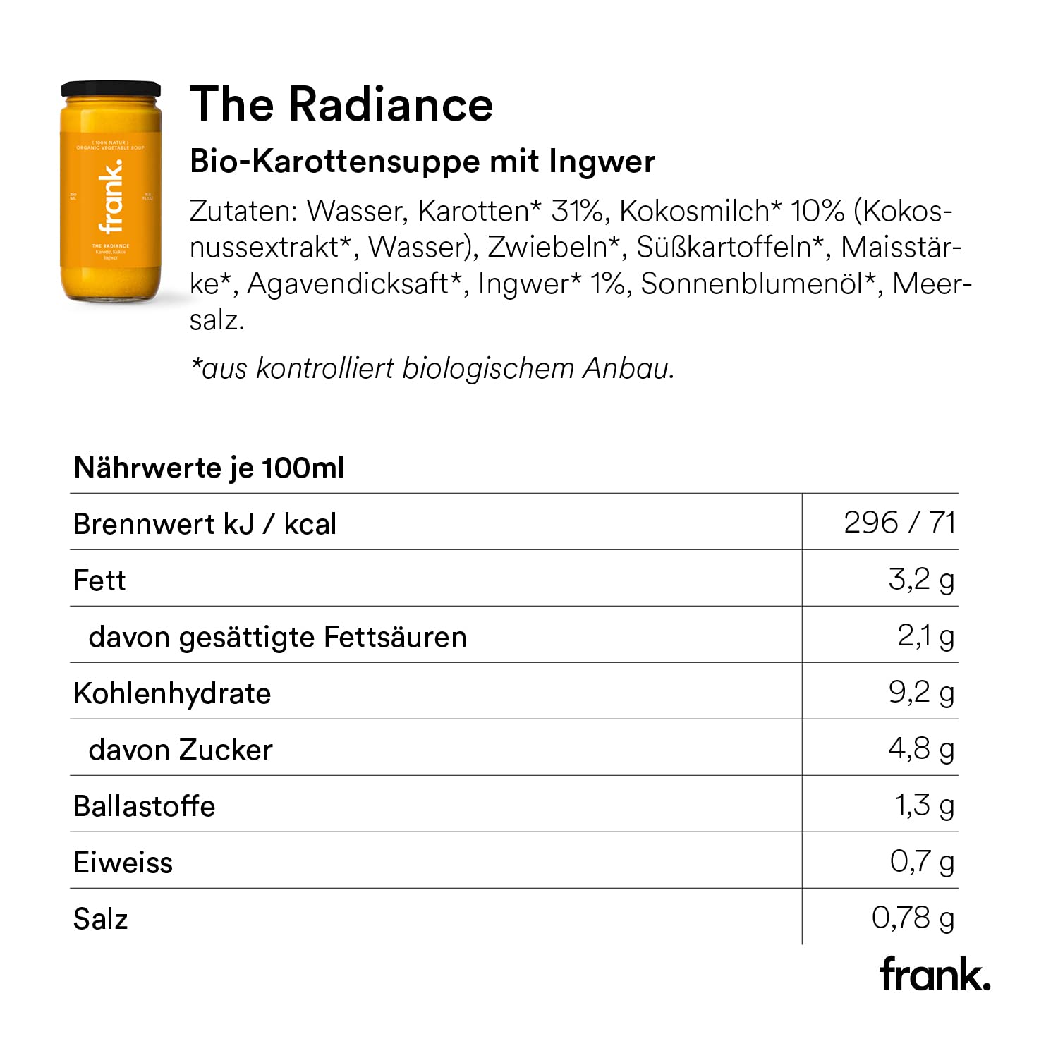 Frank Juice Bio Suppe im Glas "Karotten", 12 x 350 ml, aus frischem Gemüse | Kein zusätzlicher Zucker od. Zusatzstoffe | direkt servierbar kalt oder erwärmt geeignet | Clean Eating geeignet |Nachhaltig