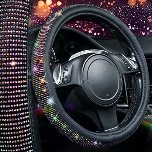 Image of CAR PASS Diamond Leather Steering Wheel Cover, with Bling Crystal Rhinestones Fit Suvs,Vans,Sedans,Cars,Trucks Universal Fit 14.5-15inch Crystal Glitter for Women Sparkle Girl, Multicolor Diamond