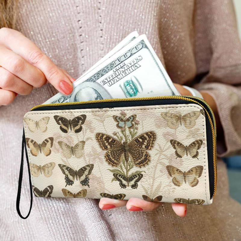 Vintage Butterfly Illustration Print Slim Wallet for Women Vegan PU Leather Long Billfold Wallets, Scientific Butterflies Collection Wristlet Clutch Card Organizer4