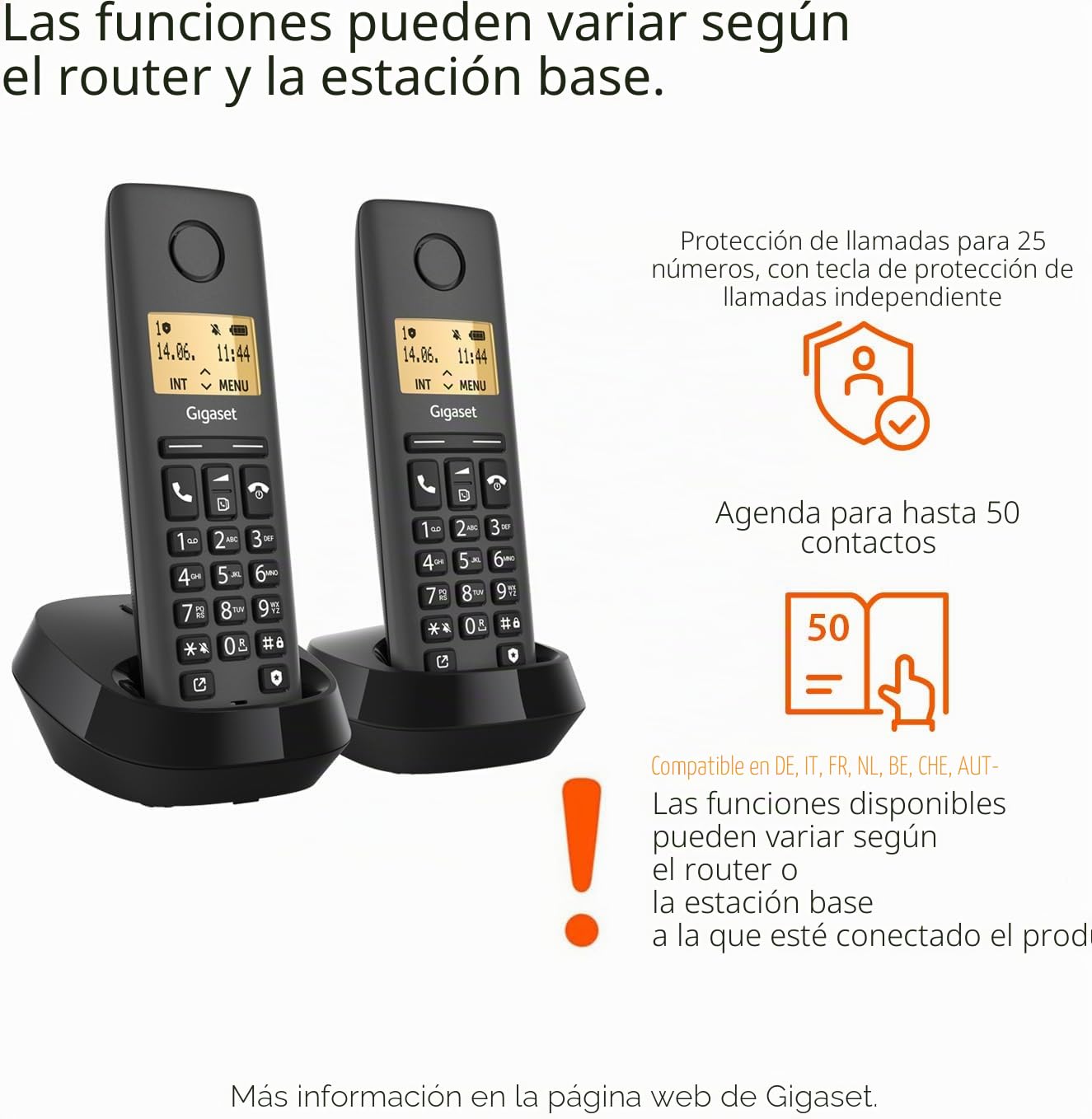 Gigaset Pure 120 Duo - 2 teléfonos inalámbricos con Eco DECT - Pantalla retroiluminada - Compatible con audífonos - Protección de Llamadas, Color Negro Antracita