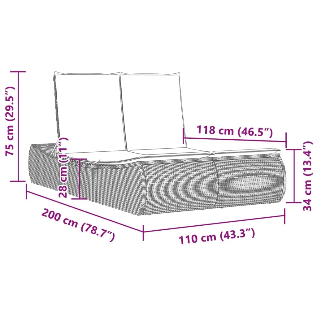 Podwójny leżak do opalania z polirattanu, jasnoszary, 110 x 200 cm, regulowane oparcie, 2 poduszki, odporny na promieniowanie UV, na taras, balkon, basen i do rekreacji na świeżym powietrzu