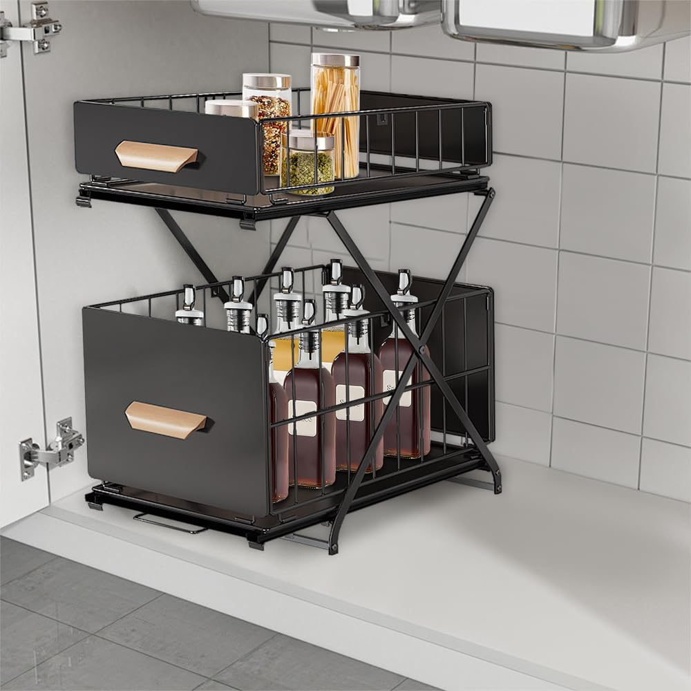 HUOLE Organizador Debajo del Fregadero,con cestas deslizantes extraíbles,para de armarios, encimeras, escritorios, para casa, Oficina, baño, Cocina, Habitaciones,40 * 26 * 43cm-negro-2pc