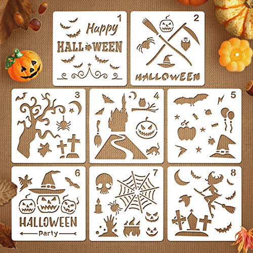 Coogam 8 Pcs Halloween Stencils Template DIY Decorative Pumpkins Design Mould Set - Reusable Plastic Craft for Art Drawing Painting Spraying Window Mirror Glass Door Car Body Wood Journaling Scrapbook