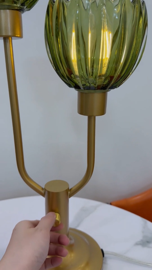 Image of Lightdot Green Glass Flower Table Lamp for Living Room Dimmable Gift | Bulbs Included Mid Century Modern Vintage Gold Desk Lamp Warmwhite Ambient Nightstand Bedside Lamp for Bedroom Home Decor