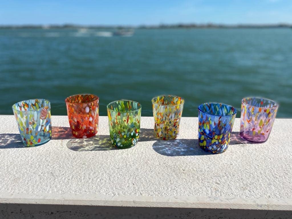 MAZZEGA ART & DESIGN - 6 vasos Goto Tumbler de vidrio soplados y hechos a mano con murrina Murano refinados y originales - Los colores de Murano - Modelo "Tumbler 350 ml. Made in Italy