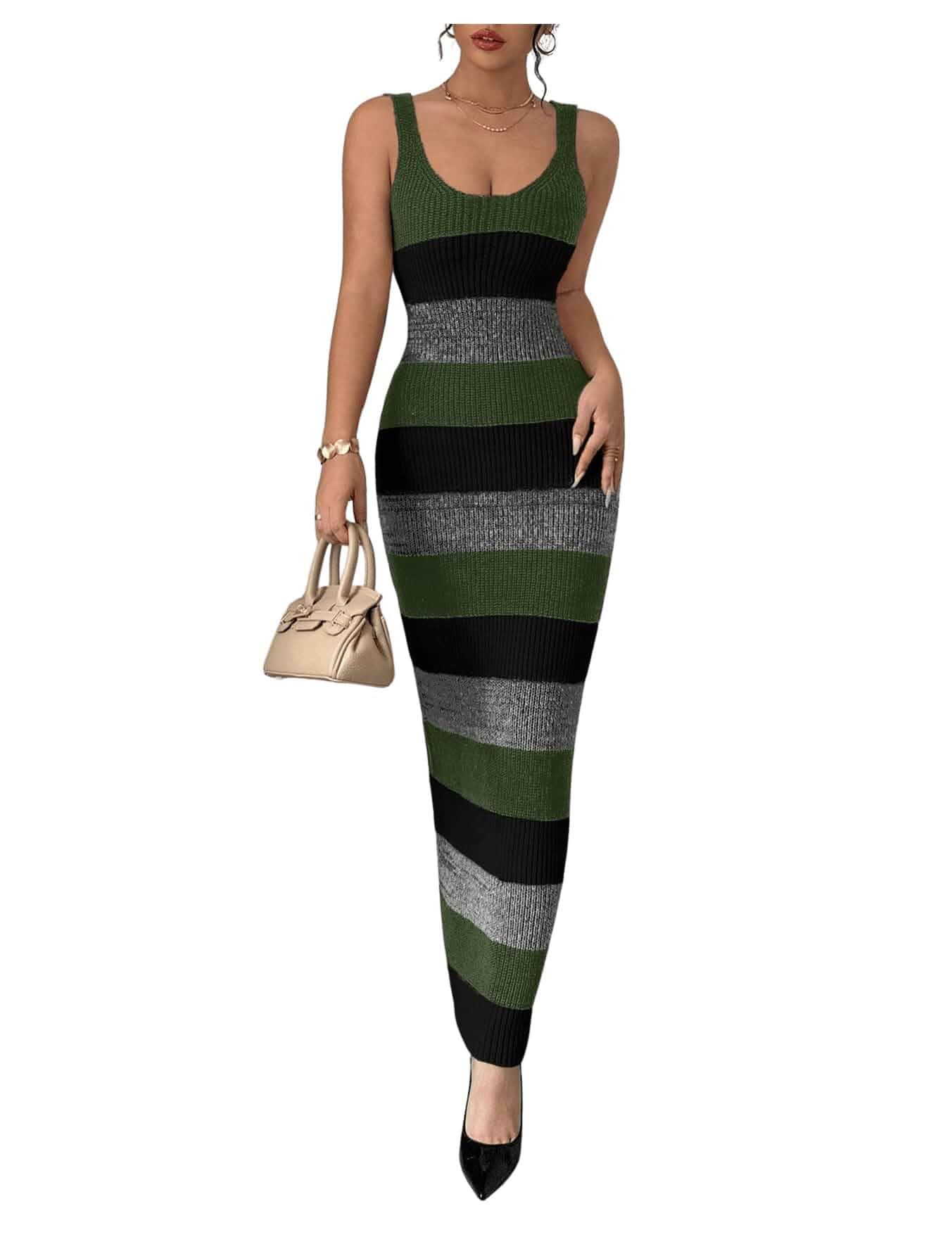 Women's Color Block Striped Scoop Neck Sleeveless Bodycon Dresses Maxi, Sweater, Knit, Elegant, Casual, Work, Office, Brunch, Winery