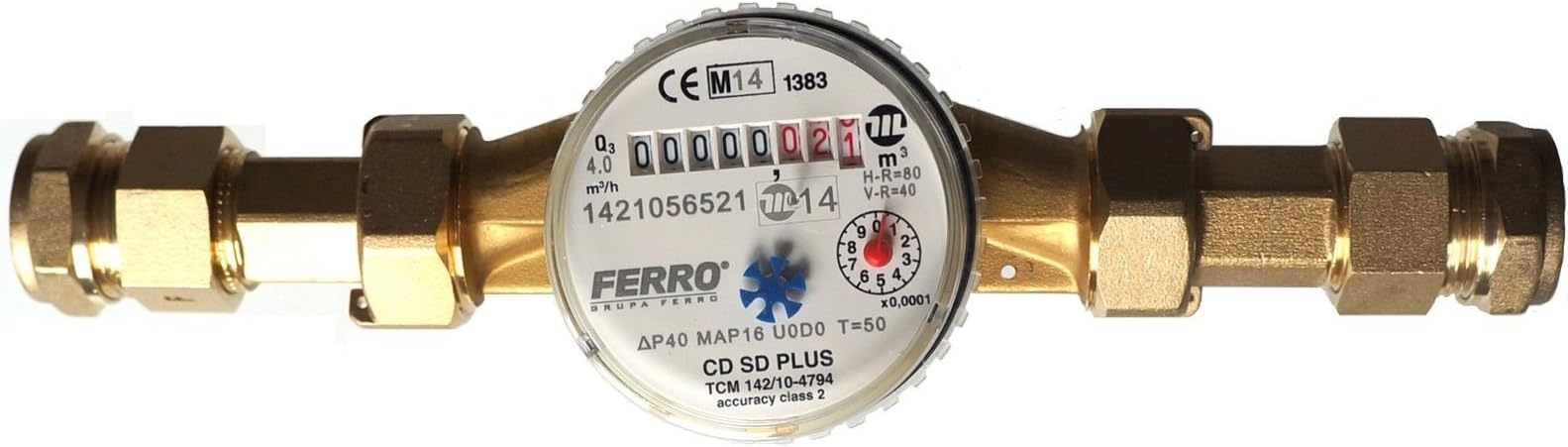 BFG Water meter flow 4m3/h - cold water for house and garden 3/4” 22 mm copper compression