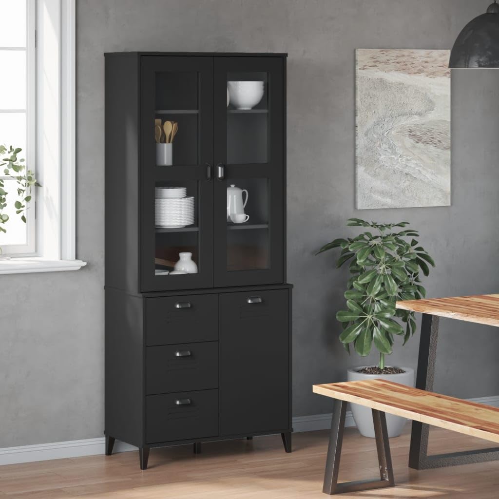 Viken - Tabla elevadora (80 x 40 x 190 cm, madera maciza de pino), color negro | Mucho espacio de almacenamiento, puertas de vidrio templado, asas prácticas, resistentes y duraderas