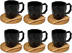 Kit 6 Canecas de Cerâmica 120ml com Colheres e Pires de Bambu – Design Minimalista, Ideal para Café e Presentes - E-FCS Store (Preto)