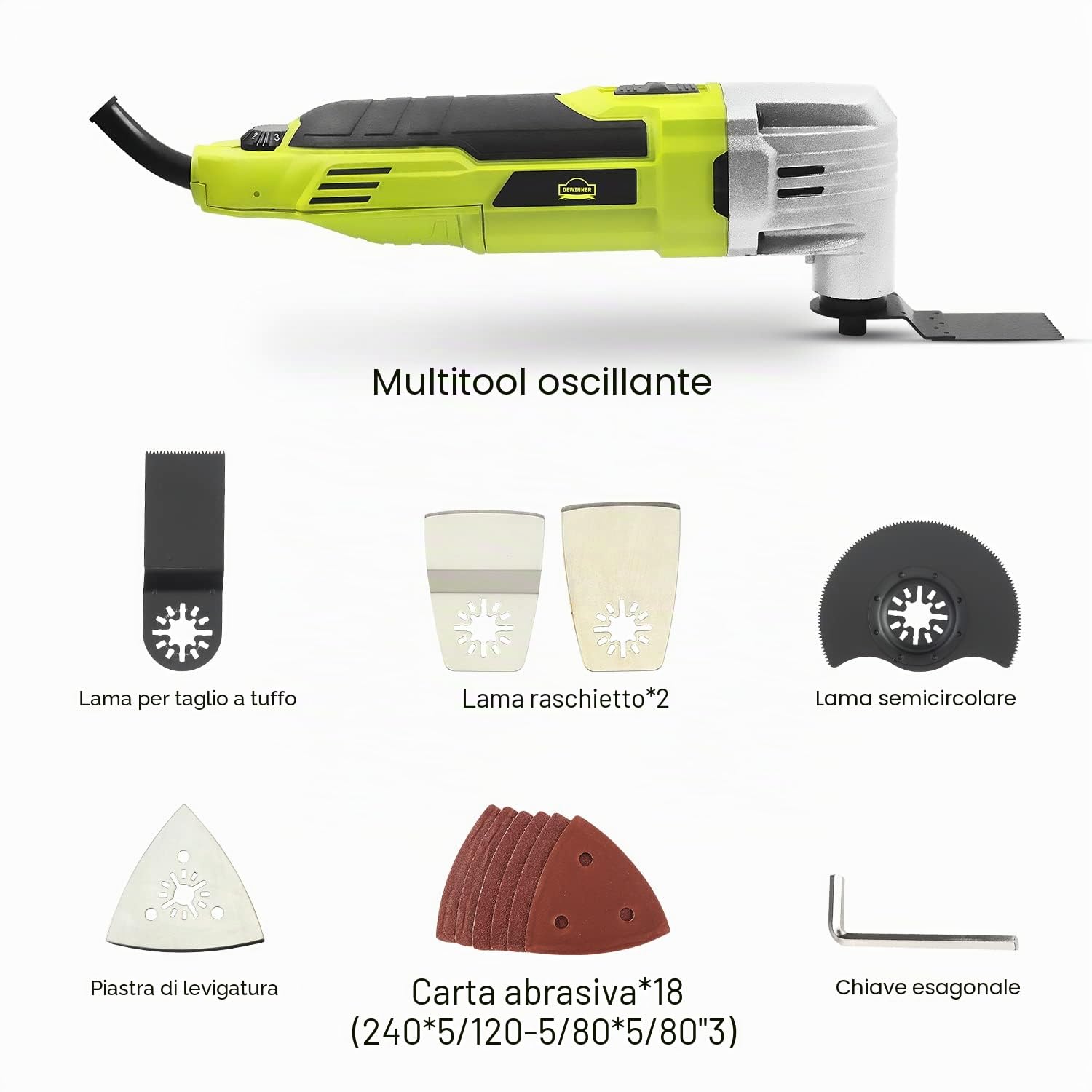 Utensile Multifunzione 300W,DEWINNER 0-23000OPM Strumento Oscillante, multi-utensile oscillante con kit di accessori con lama per sega, lucidatura, carta abrasiva, multiuso