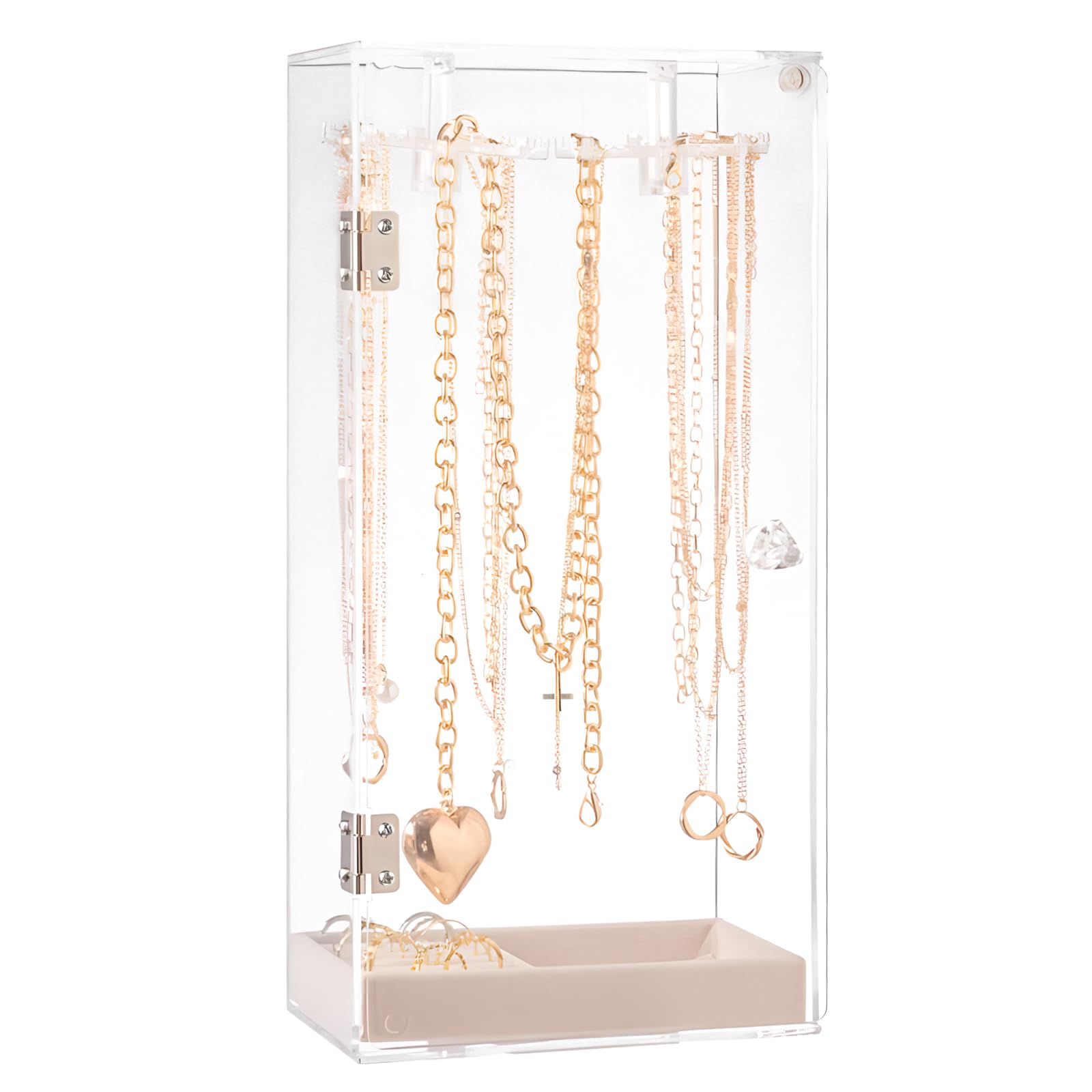 PINGANBUSU Acrylic Necklace Holder Jewelry Organizer Storage Box with Velvet Tray, Rotating Earring & Necklace Display Stand, 24 Hooks Clear Storage Rack for Bracelets, Rings, Long Necklaces