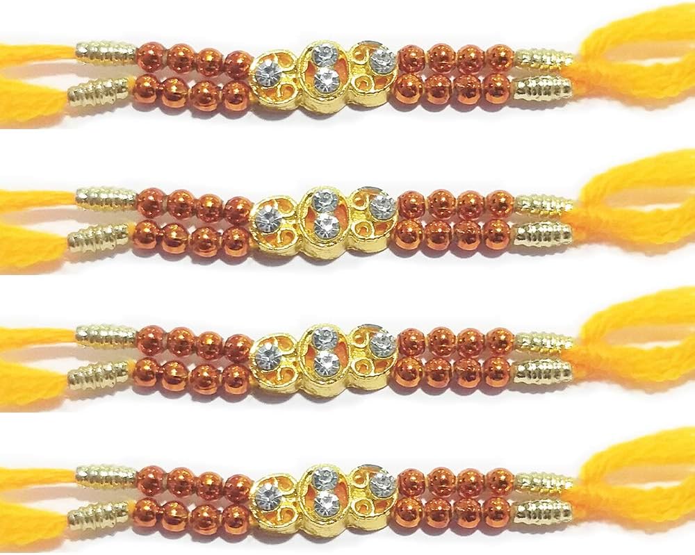 WhopperIndia Set of 4 Center Four Small Diamond Traditional Rakshabandhan Rakhee Bracelet Color and Design May Vary