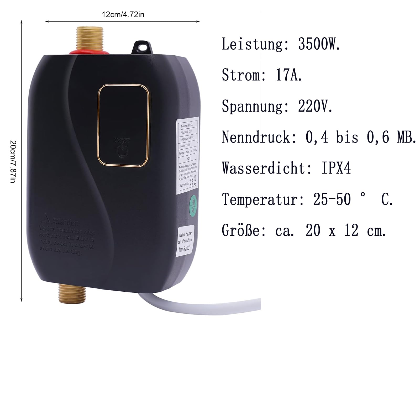 Podgrzewacz przepływowy 230 V, elektryczny, bezzbiornikowy, 3500 W, do łazienki, kuchni, 25-50 °C, mini podgrzewacz wody