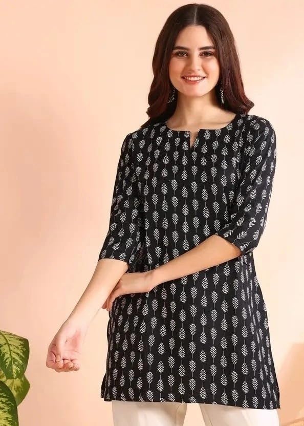 Image of Women's Short Kurti in Multicolor Rayon Cotton Blend | Ladies Ethnic Tunic | Office