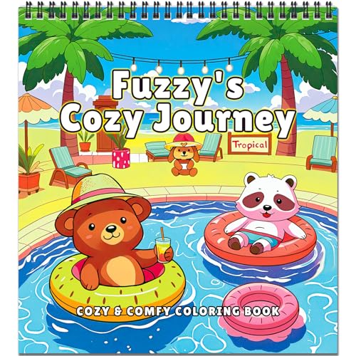 FUN LAVIE Cosy Colouring Book for Adults Relaxation with Cute Animals on Travel Adventures,Cozy Coloring Book for Teen Stress Relief & Mindfulness for Women, Spiral Bound Design - Fuzzy's Cozy Journey