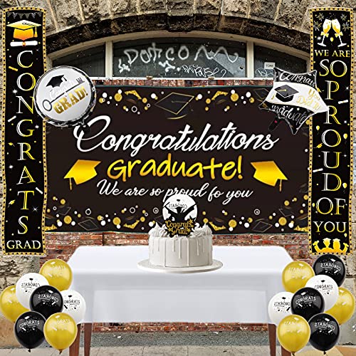 Recosis Abschluss Deko, Abschlussfeier Zubehör 2022 Schwarz Foto Hintergrund Stoff Banner Tür Banner Schilder Kuchen Topper Abschlussballons Congrats Grad für Studium Universität Hochschule Abitur Cover