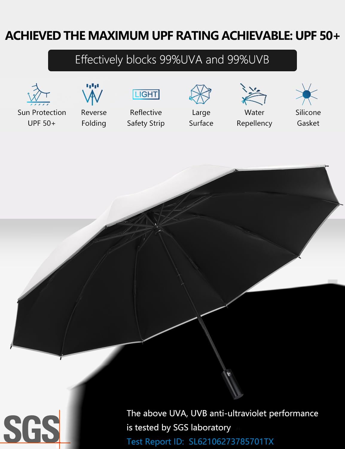 XIXVON Schirm Pro | LSF 50+ 99% UV-Schutz, reflektierender Sicherheitsstreifen, stabil, winddicht, tragbar für Reisen, automatisch | umgekehrter Taschenschirm