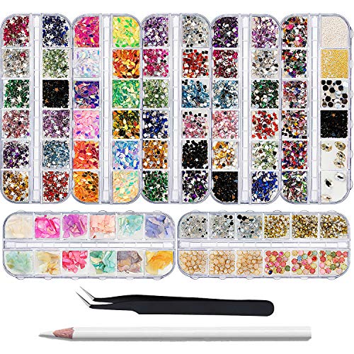 EBANKU 7 Boxes Nail Art Rhinestones Nail Crystal Gems jewels Diamonds Irregular Mixed Beads Studs with 1 pc Tweezers and 1 pc Picking Pen for Nail Art Decoration Supplies