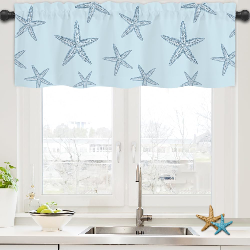 Finphoon Coastal Valances for Windows,Summer Nautical Valances for Windows Light Filtering,Rod Pocket Starfish Short Window Curtains valances for