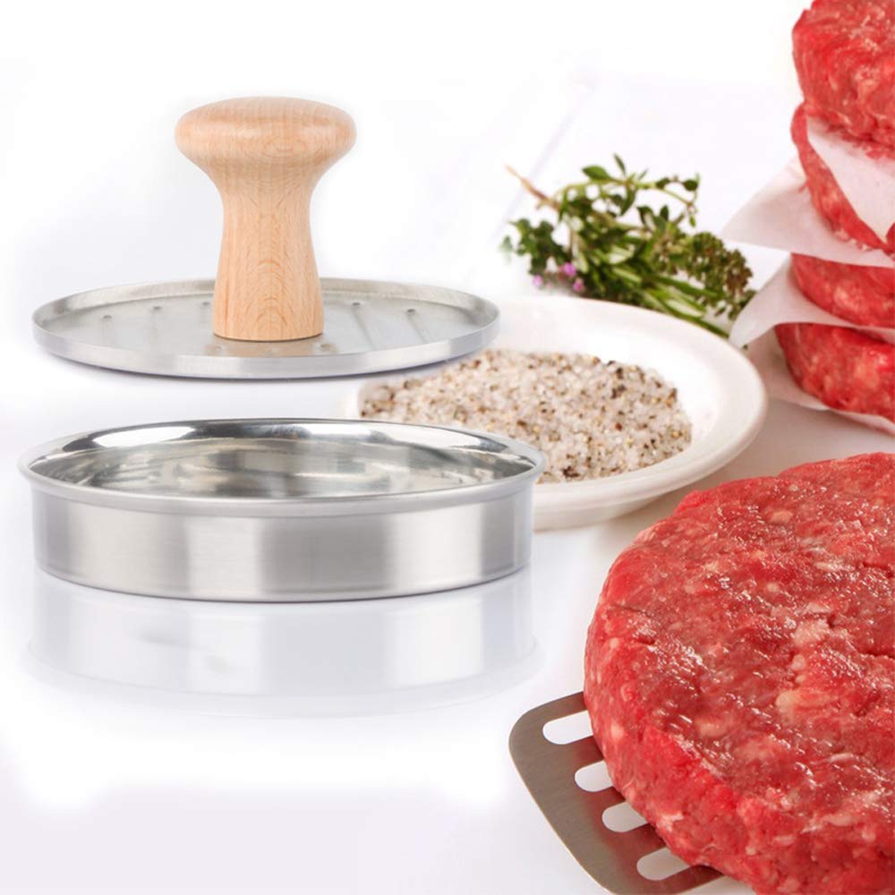 13,3 cm Burger Press Wypchany Hamburger Patty Maker Forma ze stali nierdzewnej Nieprzywierająca Presser do mięsa Niezbędne akcesoria do grillowania do suwaków do mięsa i zwykłego burgera wołowego z drewnianym uchwytem do grilla