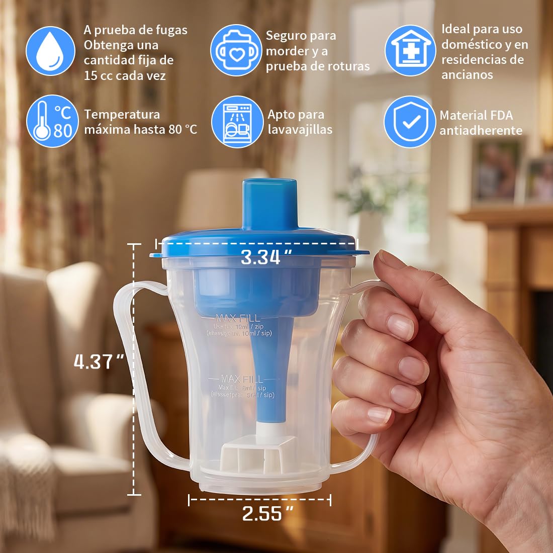 Vaso Antiahogo para Disfagia, Taza Antiderrame para Adultos y Ancianos, Vaso Adaptado con Control de Flujo 5-15 ml, para Parkinson, Demencia y Personas con Movili (Azul)