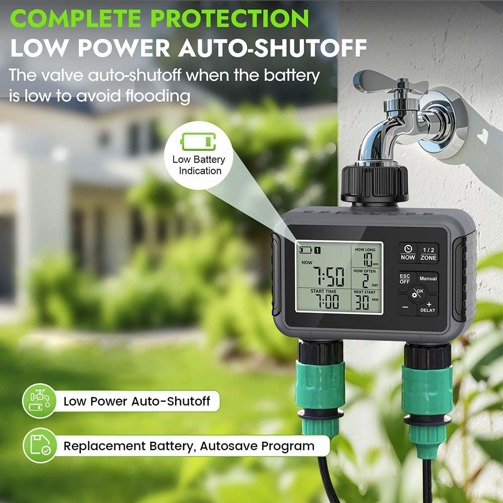 Centralina Irrigazione 2 Zone,Timer Irrigazione,Avere IPX5 Funzione Impermeabile con Programmatore Irrigazione Giardino,Timer Irrigazione Automatica Digitale,Per Prato, Giardino, Piscina