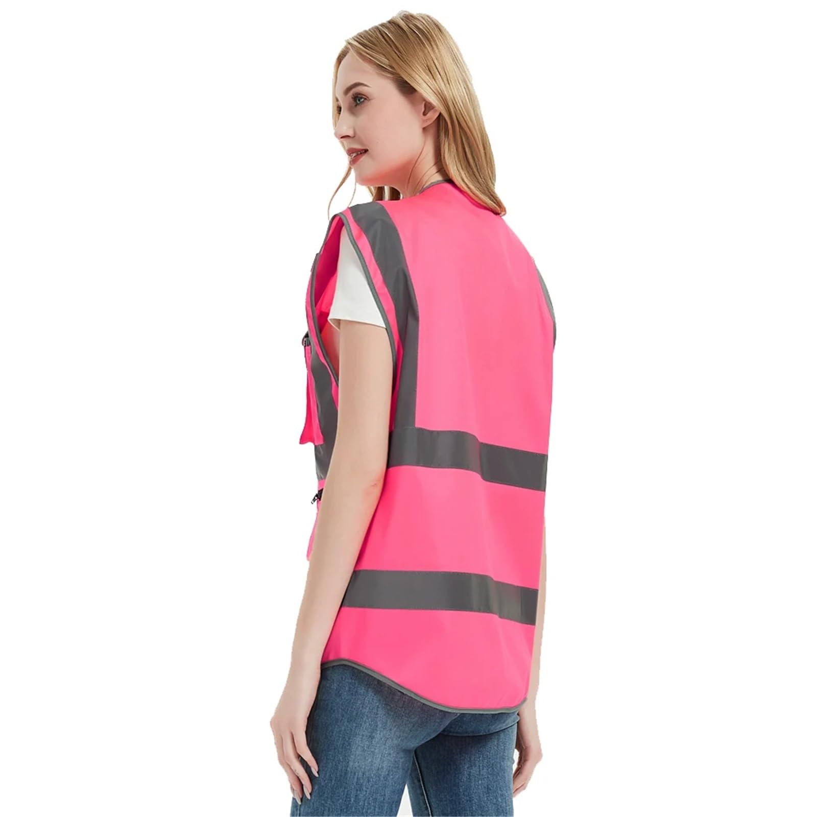 Gilet di Sicurezza Rosa ad Alta visibilità for Uomo Donna - Uniformi da Lavoro con Tasche Abiti(L)