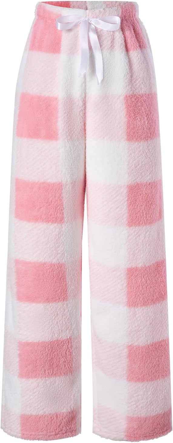 Women's Cute Plaid Fuzzy Lounge Pants Bow Tie Elastic Waist Wide Leg Loose Pajama Bottoms Sleepwear