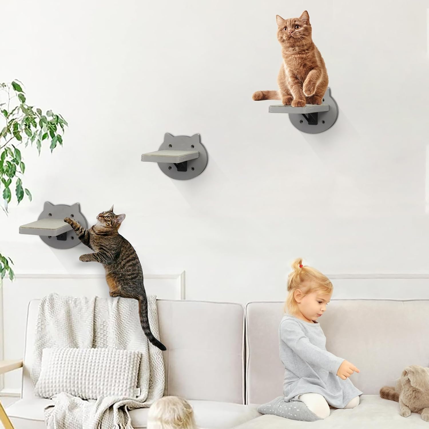 review 3-Packs Cat Climbing Shelves Wall Mounted, Cat Wall Steps Shelves, Cat Wall Shelves with Scratching Pad, Cat Wall Furniture for Cats Sleep Climb Play, Cat Shelves Cat Stairs Cat Ladder (Grey)