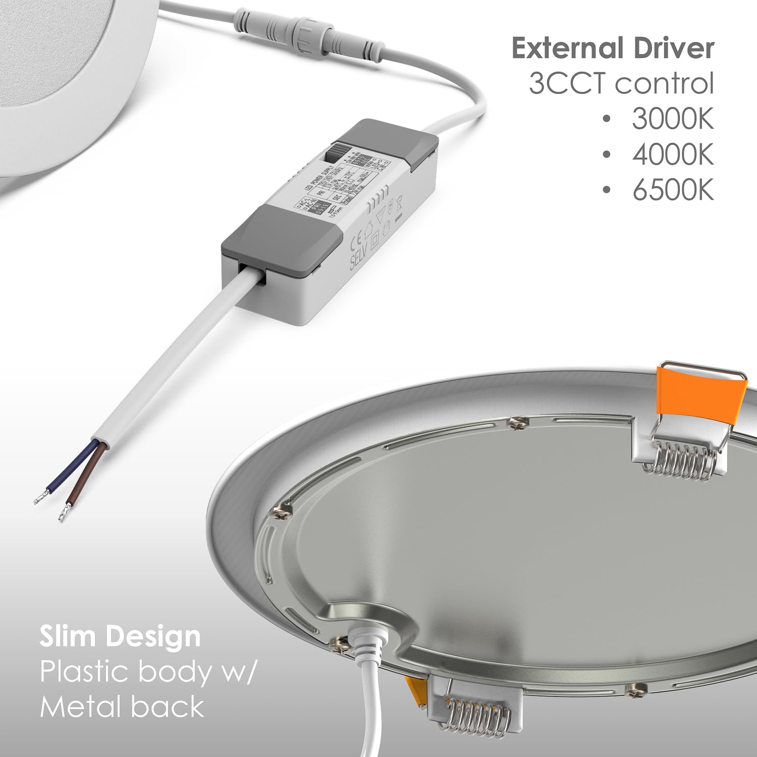 TRAXON LUXPOINT® Downlight LED Empotrable Slim 20W 3CCT 3000K/4000K/6500K con Driver Externo, Panel LED Redondo Ø224mm Corte 205-210mm, Foco LED Techo Interior 120° 220-240V (Blanco, 20W CCT)