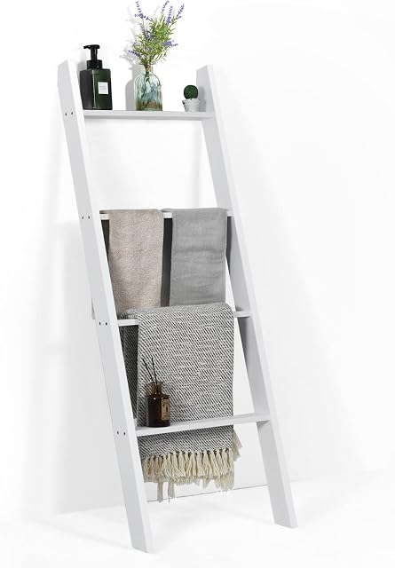 Multigot 4-Tier Blanket Ladder, Wooden Towel Rack, Wall Leaning Ladder Shelf for Blankets, Towels and Scarves, Hold up to 80 KG (White)