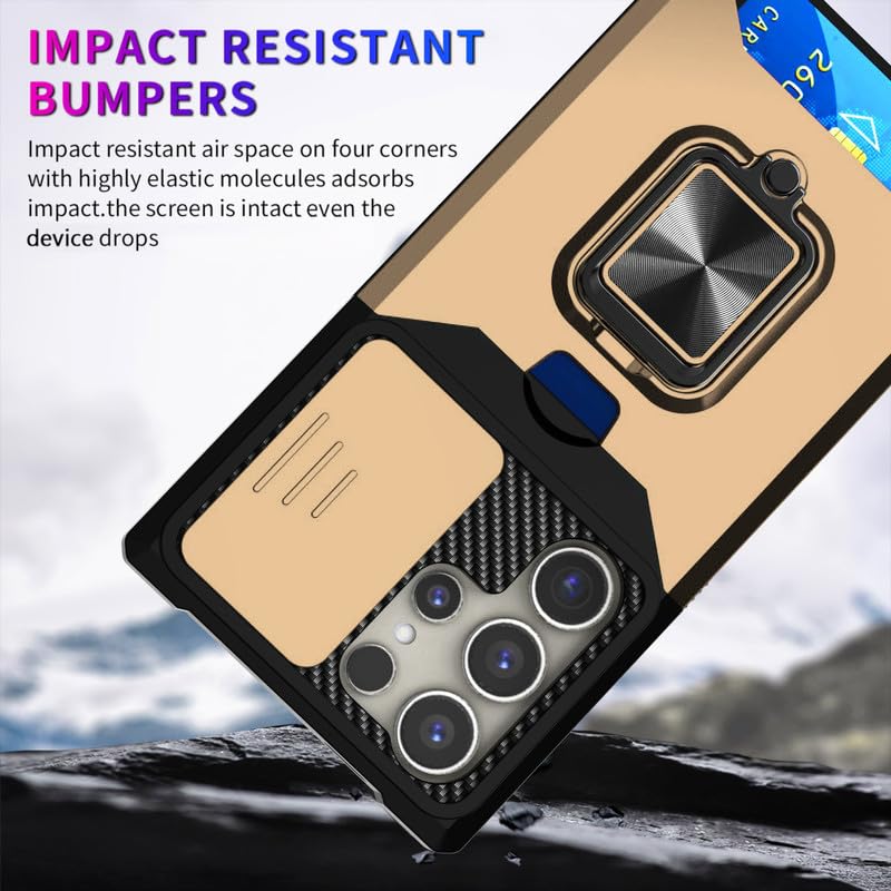 Image of LuxuryKase Shockproof Armor Case for Samsung Galaxy S24 Ultra | Slide Camera Cover | Hidden Card Slot | Rotating Ring Kickstand | Magnetic Car Mount Support | Military Grade Protection - Gold