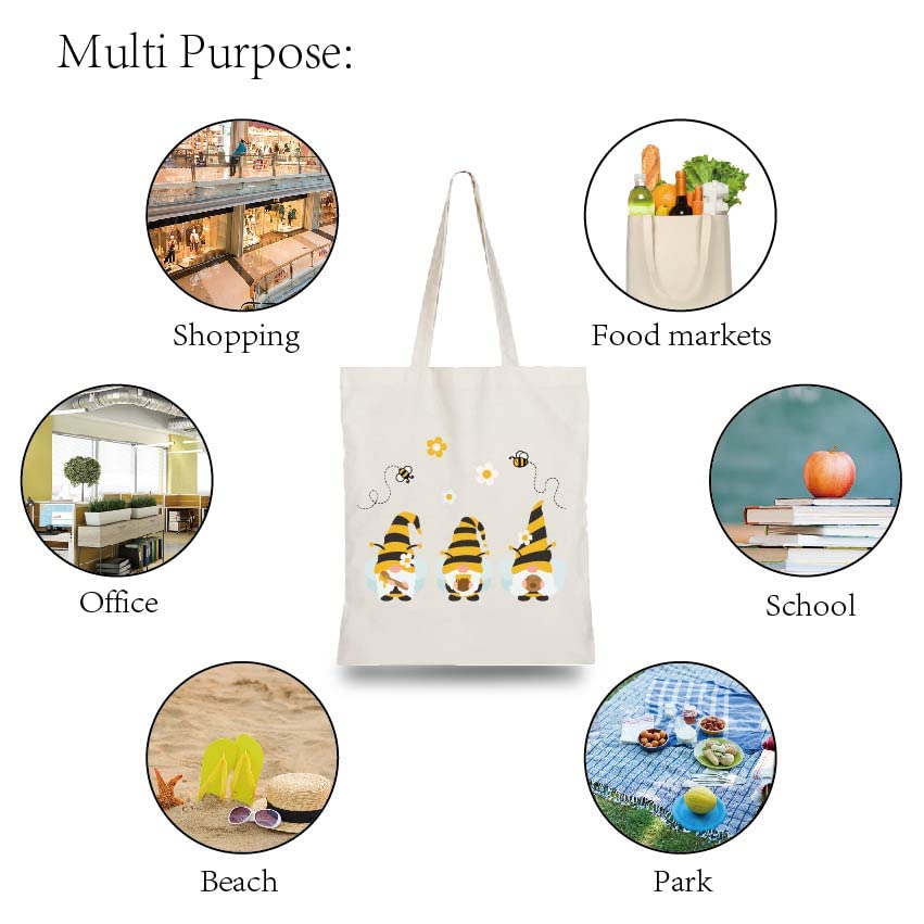 CREATCABIN Gnome Bee Cotton Tote Bag Canvas 100% Cotton Reusable Shopping Bags Beach Bag Summer Grocery Bags Eco-Friendly Aesthetic DIY Craft Multi-Function for Women Gifts Daily Life 13.3 x 15 Inch - Image 4