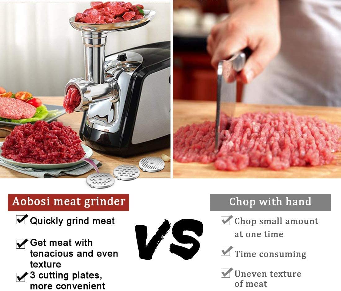 Meat Grinder Electric AAOBOSI 3-IN-1 Sausage Stuffer and Grinder?2200W Max?Heavy Duty Meat Mincer Machine with 3 Sizes Plates, Sausage Tube & Kubbe Kits, Stainless Steel Blade, Dual Safety Switch