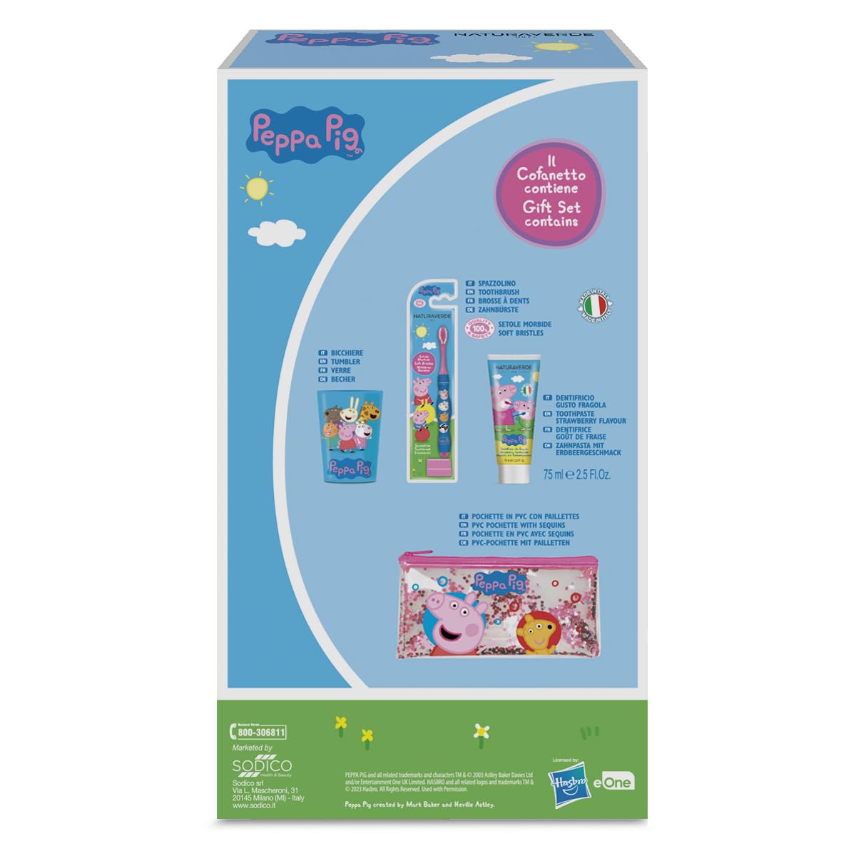 Naturaverde | Peppa Pig Gift Set Oral Care, Spazzolino da Denti Manuale, Dentifricio Bambini Gusto Fragola 75ml, Bicchierino e Pochette Glitter