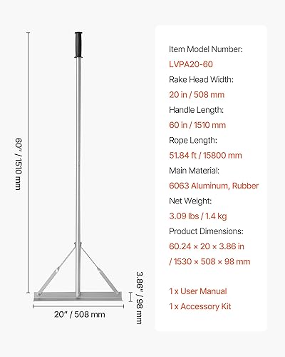 Miniatura 7 de VEVOR Rastrillo de paisaje, mango de 60 pulgadas, cabeza de 20 pulgadas de ancho, nivel de paisajismo de aluminio de alta resistencia, herramienta