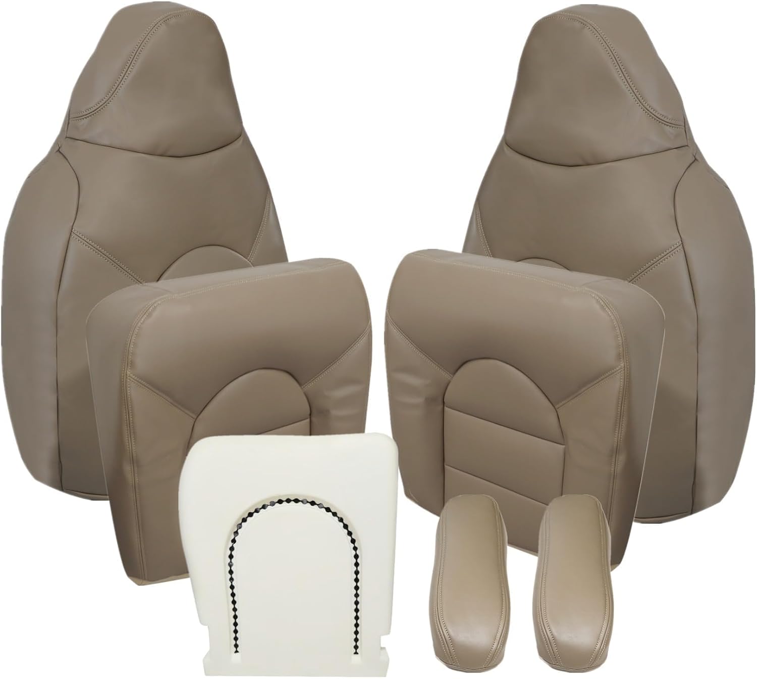 FZJDSD 7PCS Tan Microfiber Leather Seat Covers Set Compatible with Ford F250 F350 F450 F550 Super Duty Lariat XLT 1999-2000 Driver & Passenger Bottom & Back & Foam Cushion & Armrest Covers