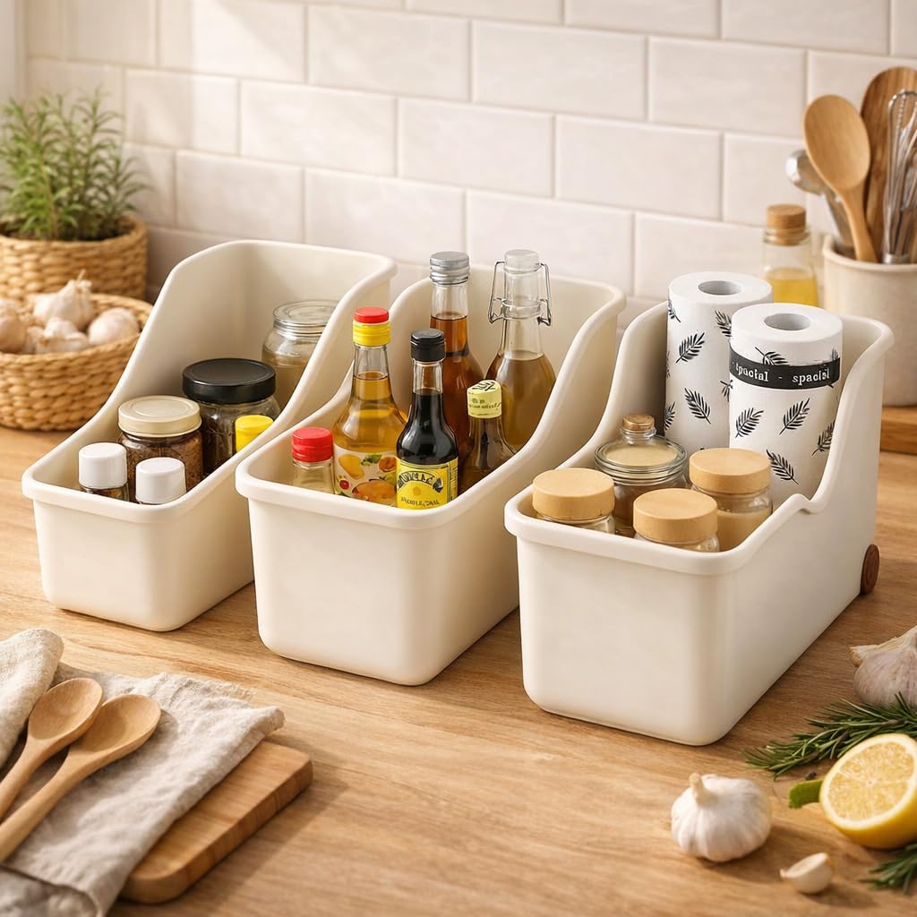 PANCA Storage Basket Set of 3 With Wheels – Multipurpose Kitchen Organizer Rack, Bathroom Storage Cabinet Box, Under Sink Organizer & Home Essentials Plastic Bins (Beige, Small/Medium/Large Sizes)