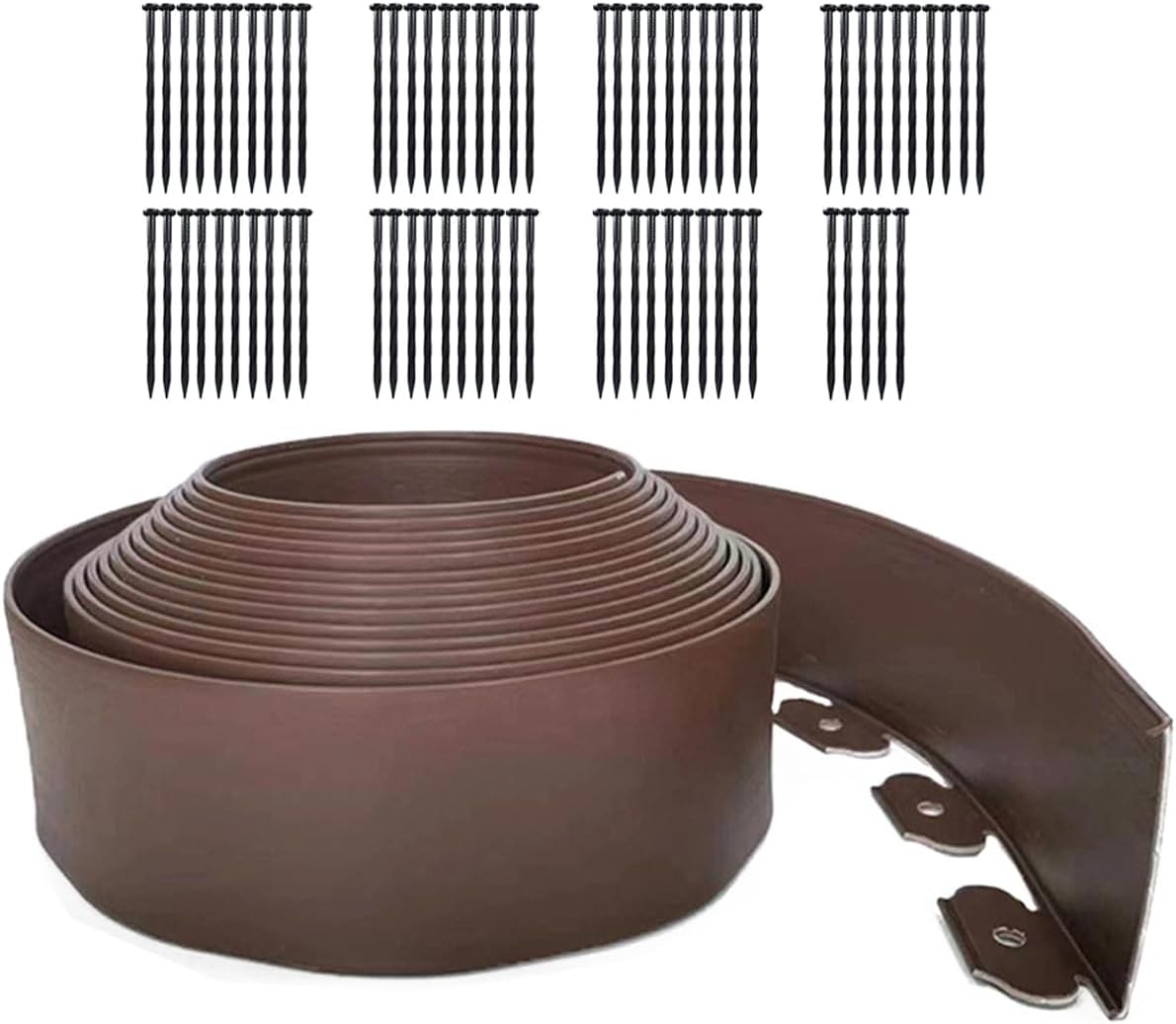 49FT Landscape Edging, 4 Inch Garden Edging Border with 75 Spikes, Flexible Lawn Edging for Landscape, Garden, Flower Beds, Lawn, Yard, Pathway, Paver Edge-Brown
