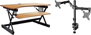Rocelco 40" Large Height Adjustable Standing Desk Converter with Dual Monitor Mount Bundle | Quick Sit Stand Up Computer Workstation Riser | Retractable Keyboard Tray | Teak (R DADRT-40-DM2)