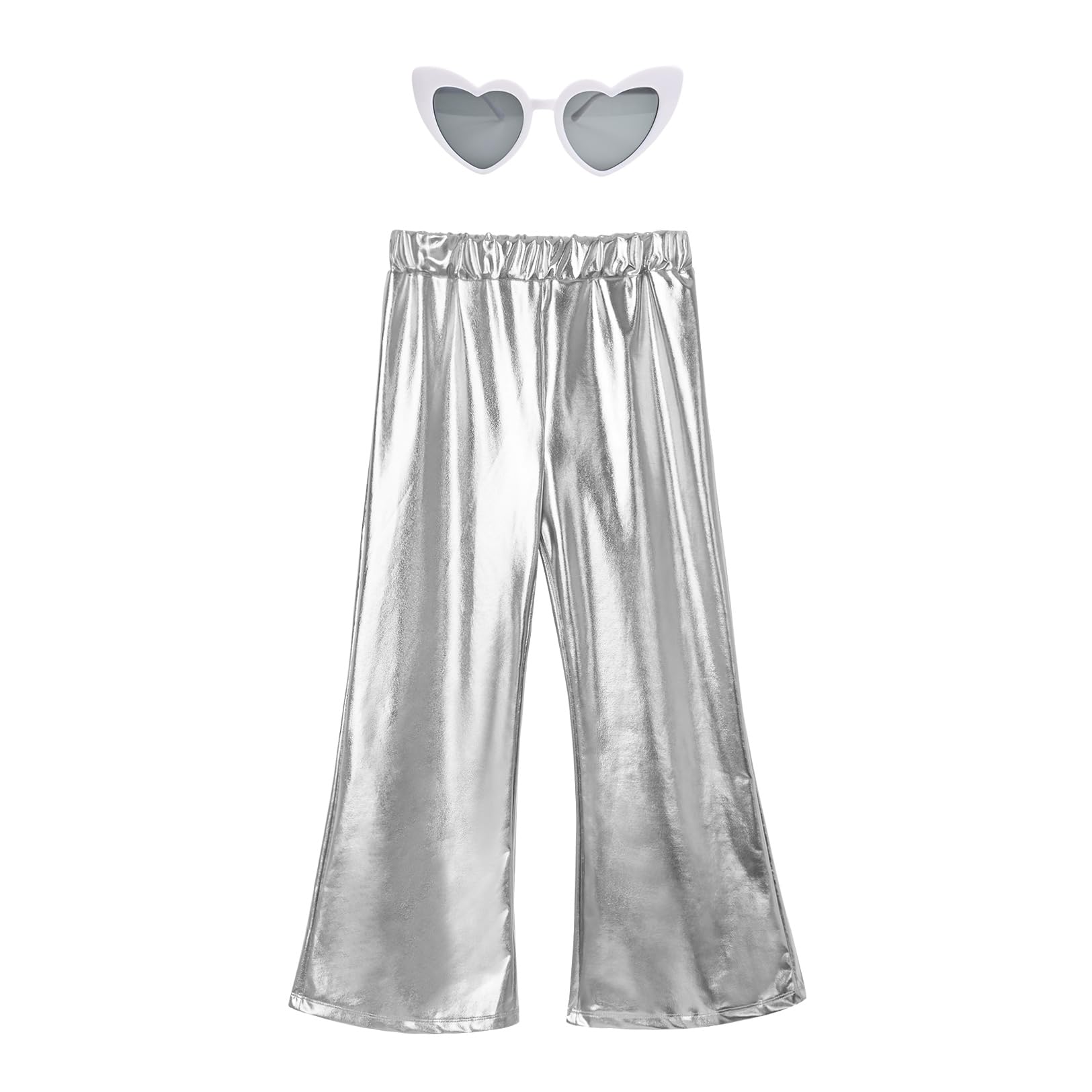 PerfashionGirls' Shiny Metallic Flared Pants Festival Dance Pants Disco  with Sunglasses Wide Leg Trousers 6-15 Years