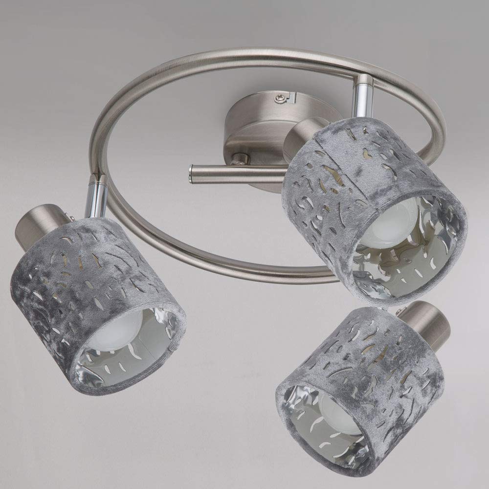 Deckenleuchte 3 Flammig Spotleuchte schwenkbar Deckenlampe Samt, Metall silber, 3x E14 Fassungen, DxH 25x15 cm