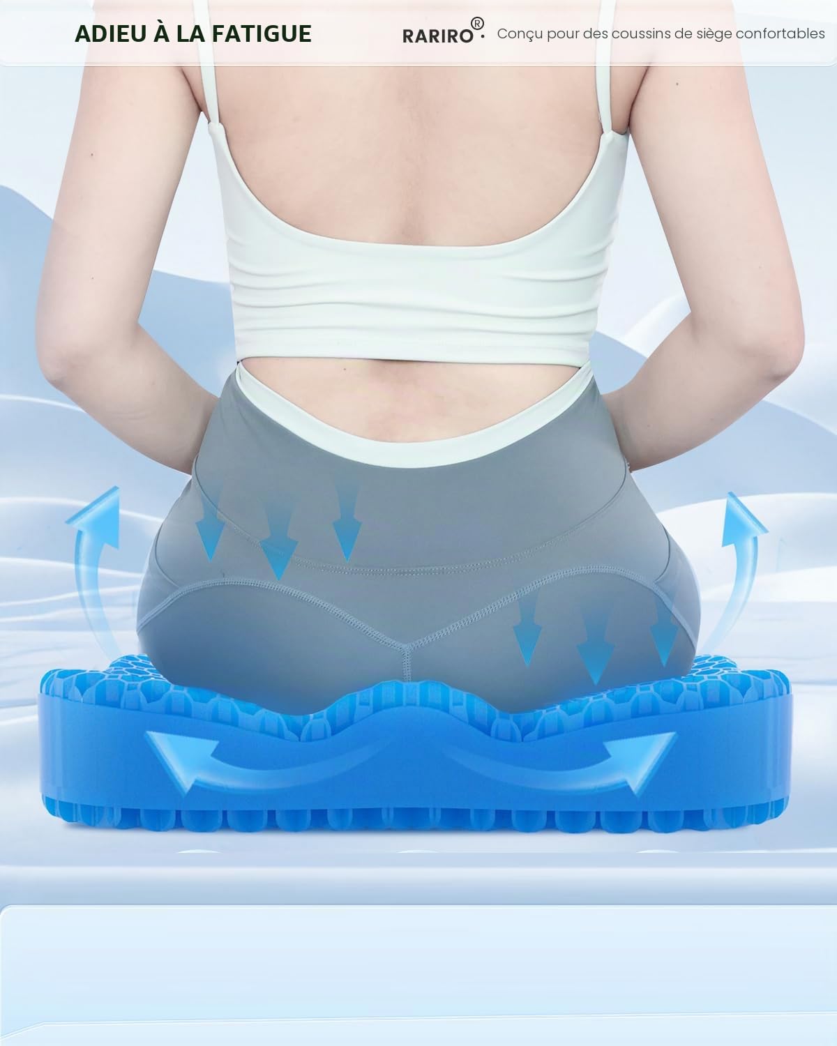 Coussin Gel Ergonomique, Respirant, Répartit Pression,Bleu,42cm | Facile à Nettoyer, Adaptable à Chaises, Bureau, Voiture, Fauteuil Roulant, Camion, Stade, Kayak et Plein Air