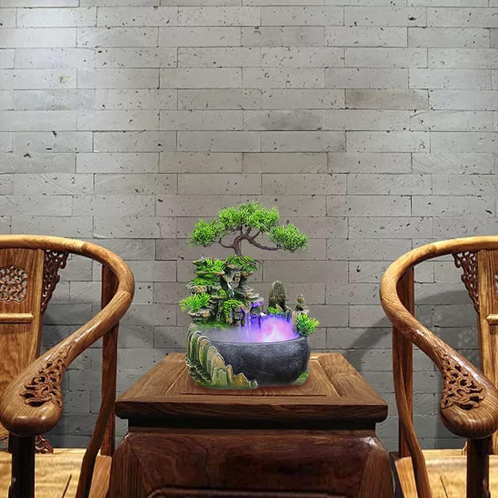 Tabletop Fountain, Atomizing Desktop Humidifier with Rockery & Bonsai, Zen Meditation Indoor Relaxation Waterfall Feature, Illuminated Waterfall Fountain Indoor for Home Office Bedroom Desk Decor