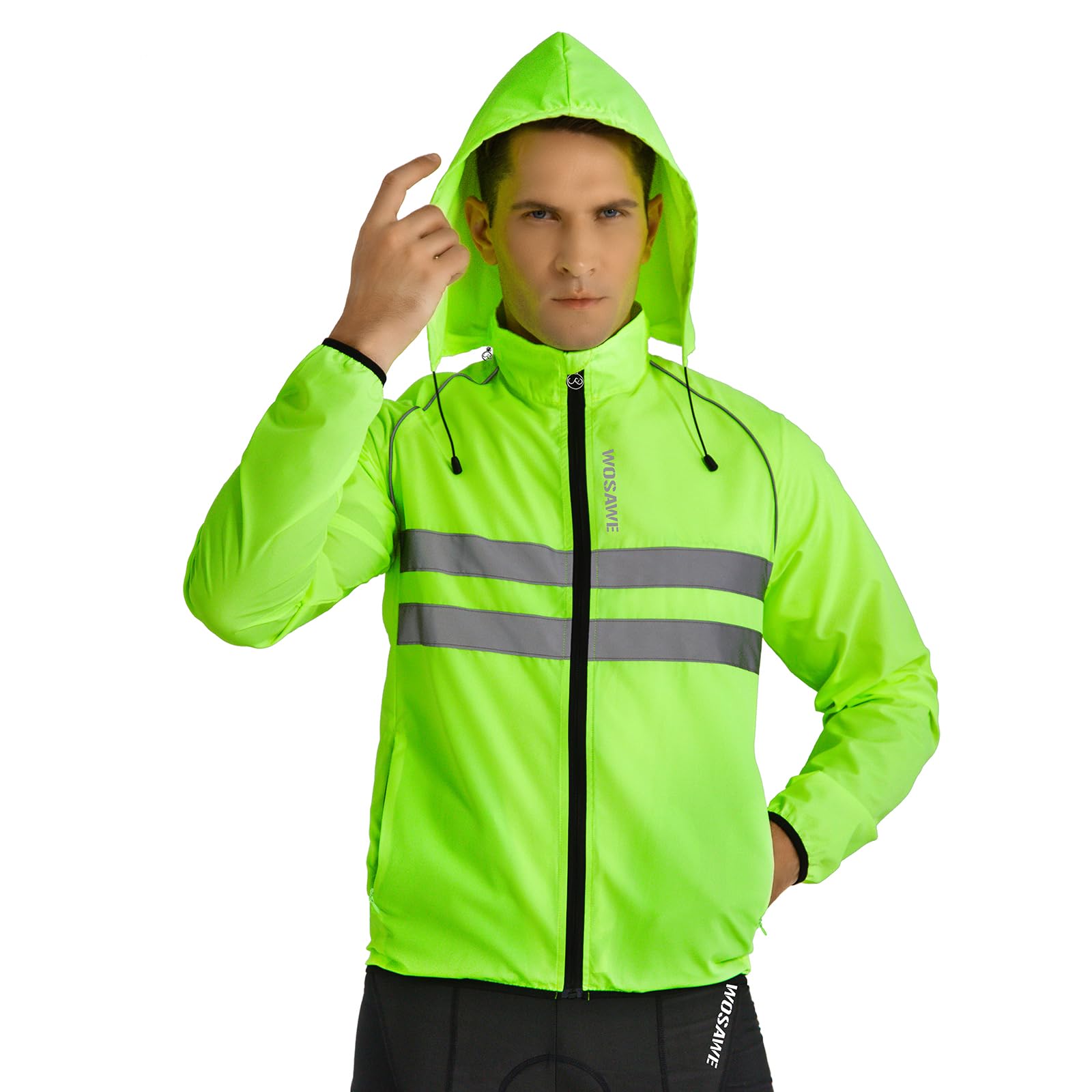 WOSAWE Veste de Cyclisme avec Capuche Cachée, Hauts de Vélo de Montagne Haute Visibilité Coupe-vent pour Randonnée, Course, Camping, Équitation